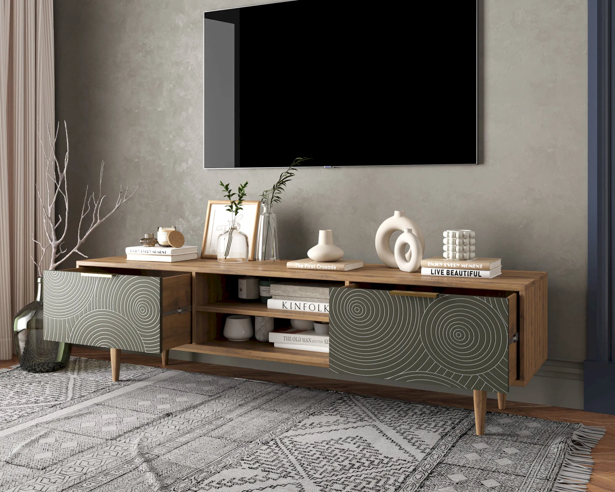 купить Комод "Лайн (Line)" с нишей низкий под TV R27/browngrey