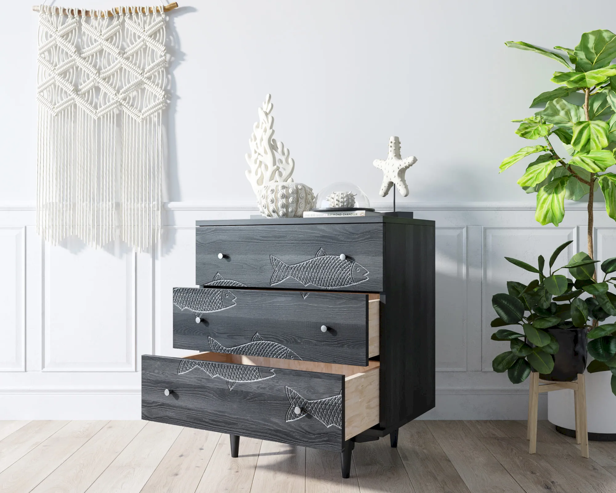 купить Комод "Boho" 3 ящика с рыбами арт BH02 в Москве купить Комод "Boho" 3 ящика с рыбами арт BH02