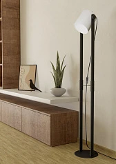 красивые 43429 Торшер HORNWOOD 1 с ножн. выкл., 1х28W (E27), L215, H1395, осн.?230, сталь, дерево, черный/тек на заказ